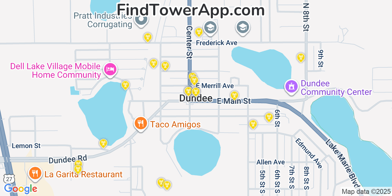 Map showing the 20 primary cell tower locations detected in Dundee, Florida from AT&T, Verizon, and T-Mobile networks