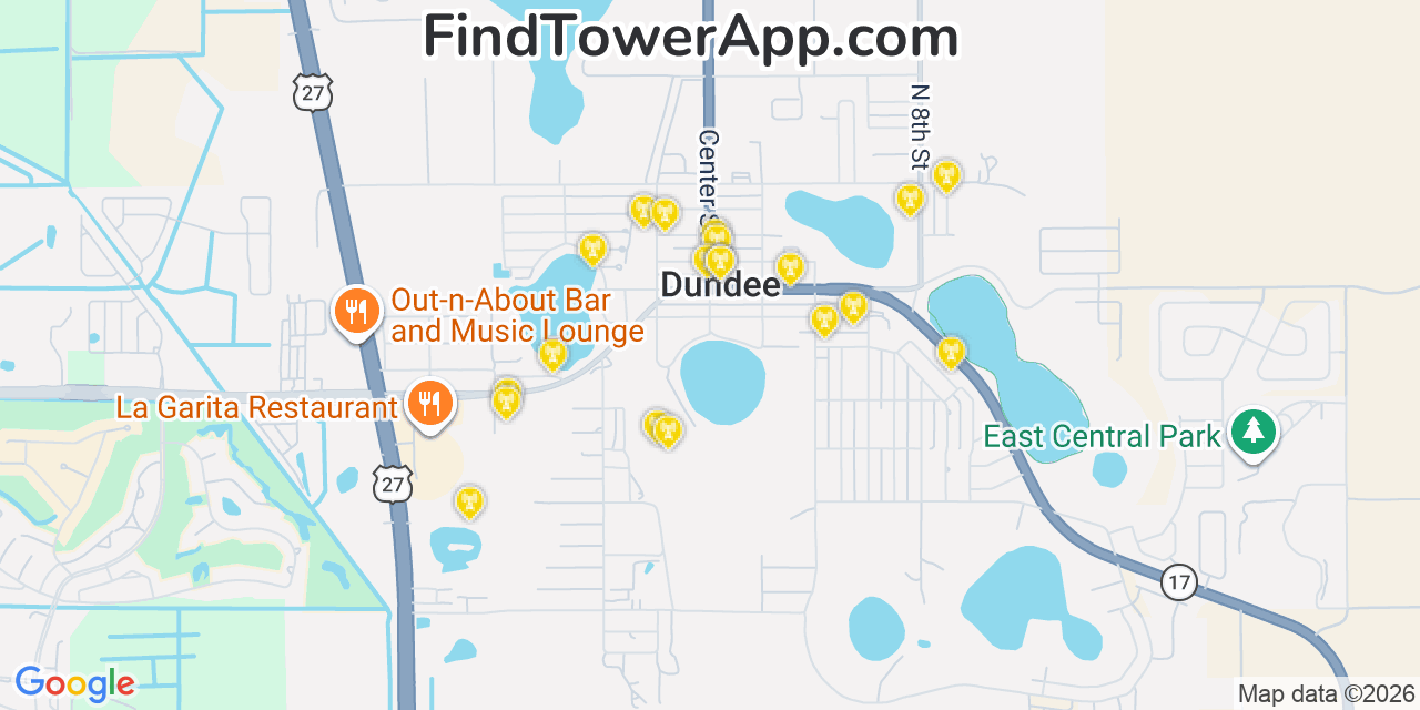 Map showing the 20 primary cell tower locations detected in Dundee, Florida from AT&T, Verizon, and T-Mobile networks