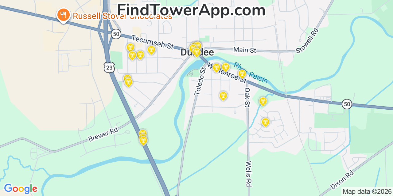 Map showing the 20 primary cell tower locations detected in Dundee, Michigan from AT&T, Verizon, and T-Mobile networks