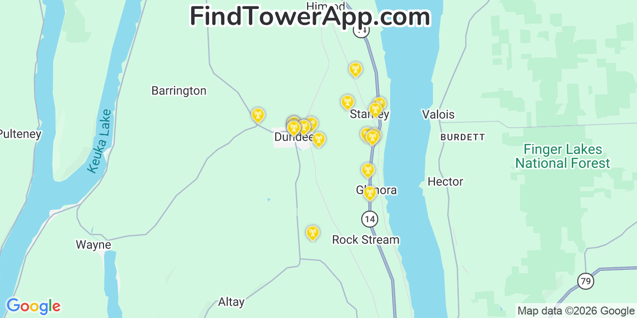 Map showing the 20 primary cell tower locations detected in Dundee, New York from AT&T, Verizon, and T-Mobile networks