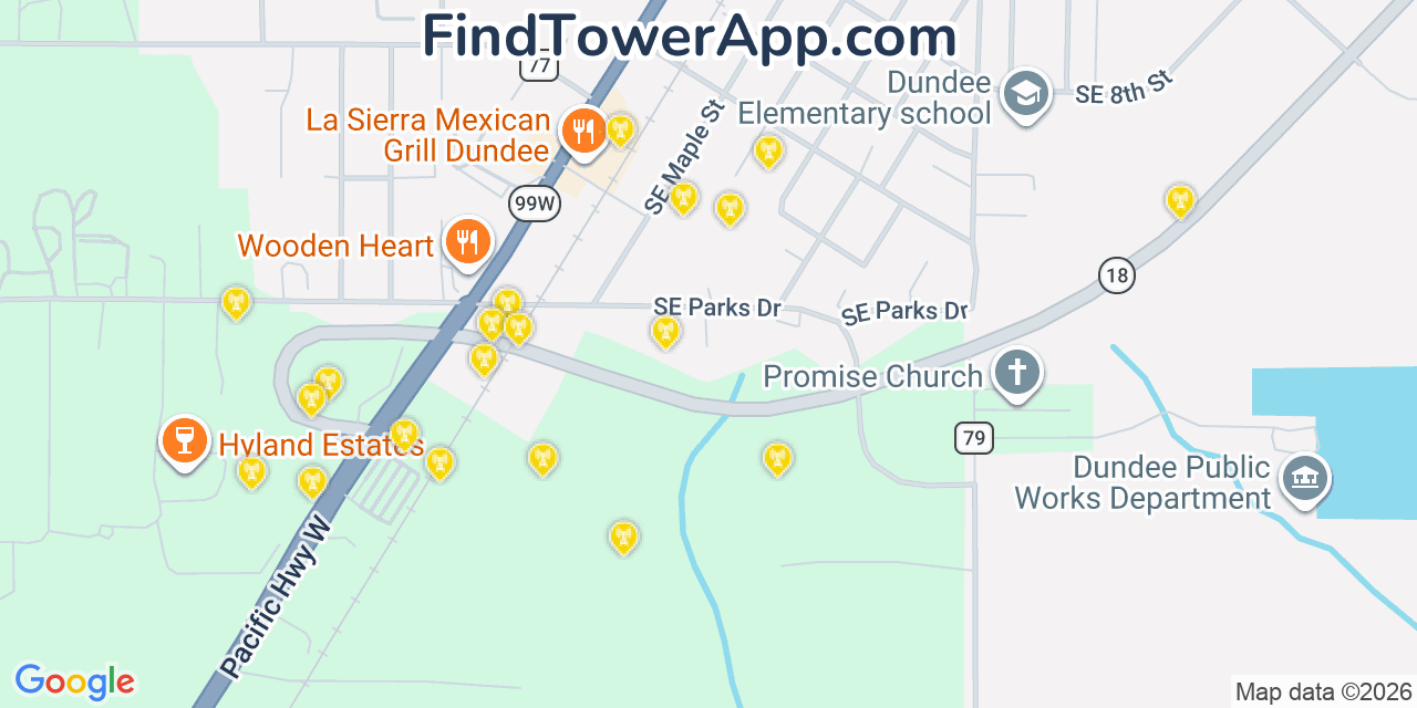 Map showing the 20 primary cell tower locations detected in Dundee, Oregon from AT&T, Verizon, and T-Mobile networks