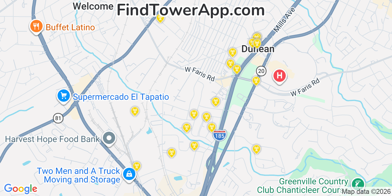 Map showing the 20 primary cell tower locations detected in Dunean, South Carolina from AT&T, Verizon, and T-Mobile networks