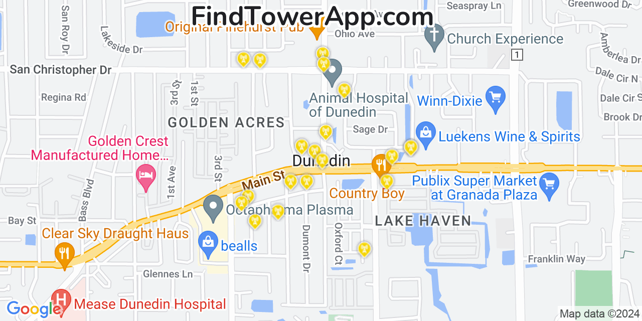 AT&T 4G/5G cell tower coverage map Dunedin, Florida