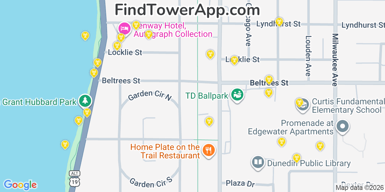 Map showing the 20 primary cell tower locations detected in Dunedin, Florida from AT&T, Verizon, and T-Mobile networks