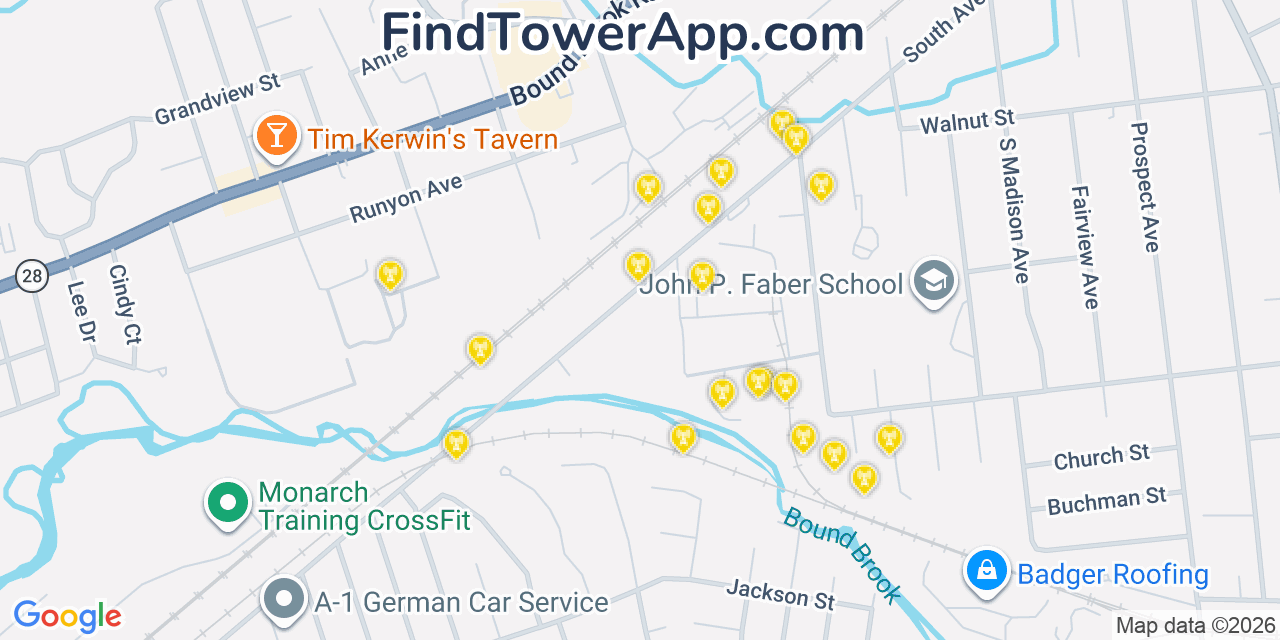 Map showing the 20 primary cell tower locations detected in Dunellen, New Jersey from AT&T, Verizon, and T-Mobile networks