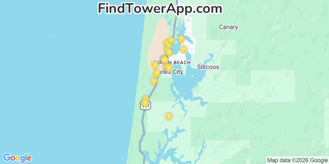 Map showing the 20 primary cell tower locations detected in Dunes City, Oregon from AT&T, Verizon, and T-Mobile networks