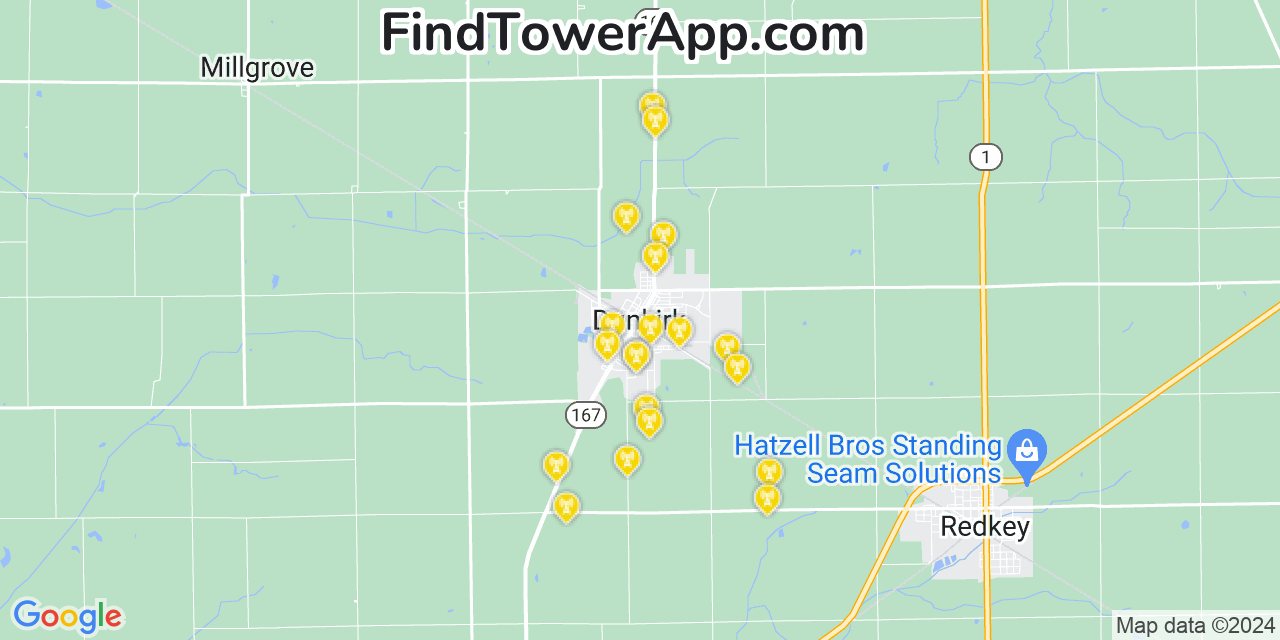 AT&T 4G/5G cell tower coverage map Dunkirk, Indiana