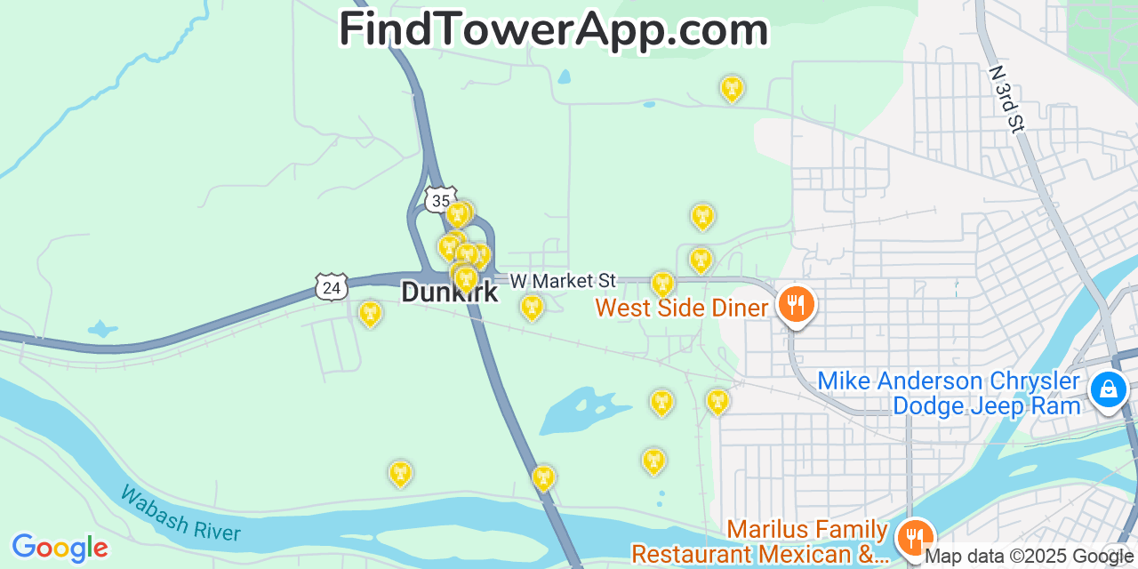 Map showing the 20 primary cell tower locations detected in Dunkirk, Indiana from AT&T, Verizon, and T-Mobile networks