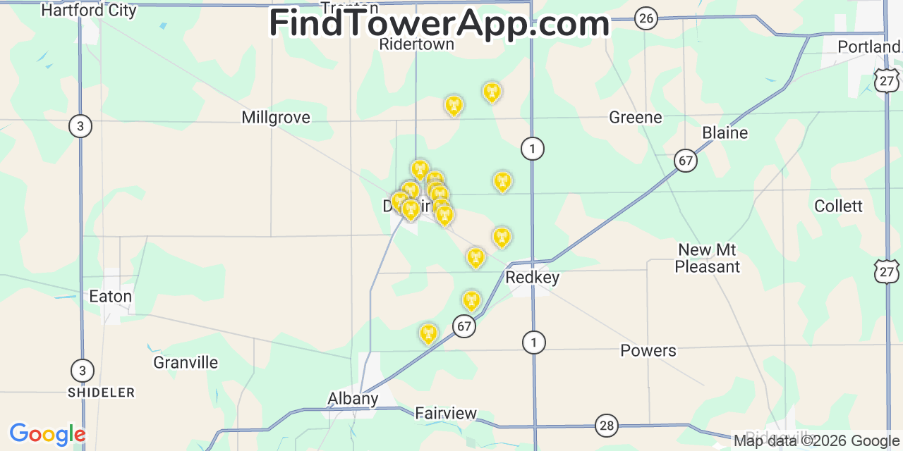 Map showing the 20 primary cell tower locations detected in Dunkirk, Indiana from AT&T, Verizon, and T-Mobile networks