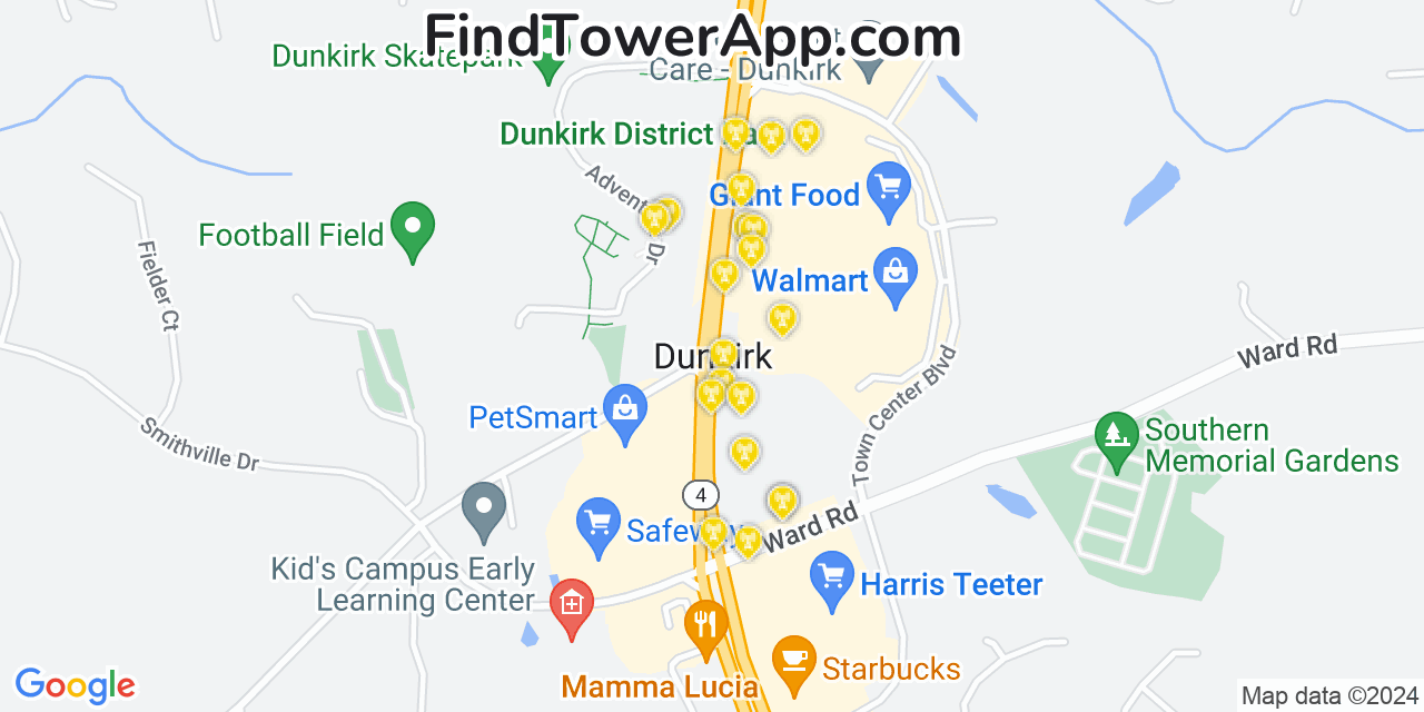 AT&T 4G/5G cell tower coverage map Dunkirk, Maryland