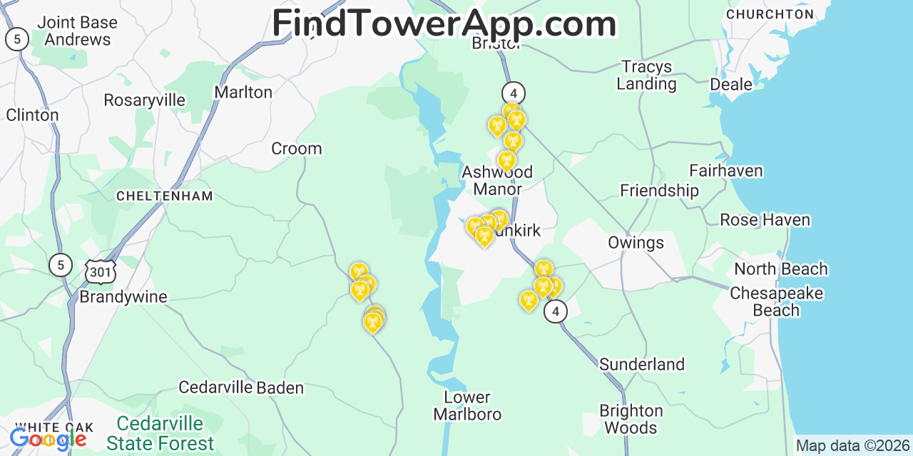 Map showing the 20 primary cell tower locations detected in Dunkirk, Maryland from AT&T, Verizon, and T-Mobile networks