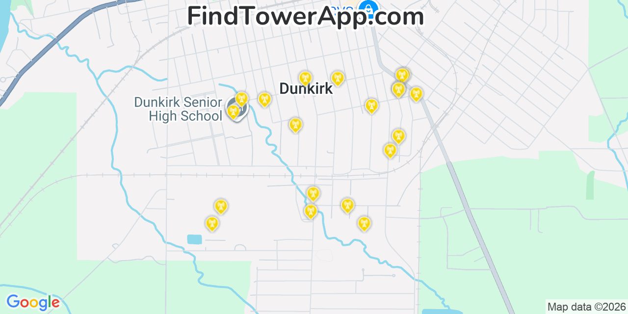 Map showing the 20 primary cell tower locations detected in Dunkirk, New York from AT&T, Verizon, and T-Mobile networks