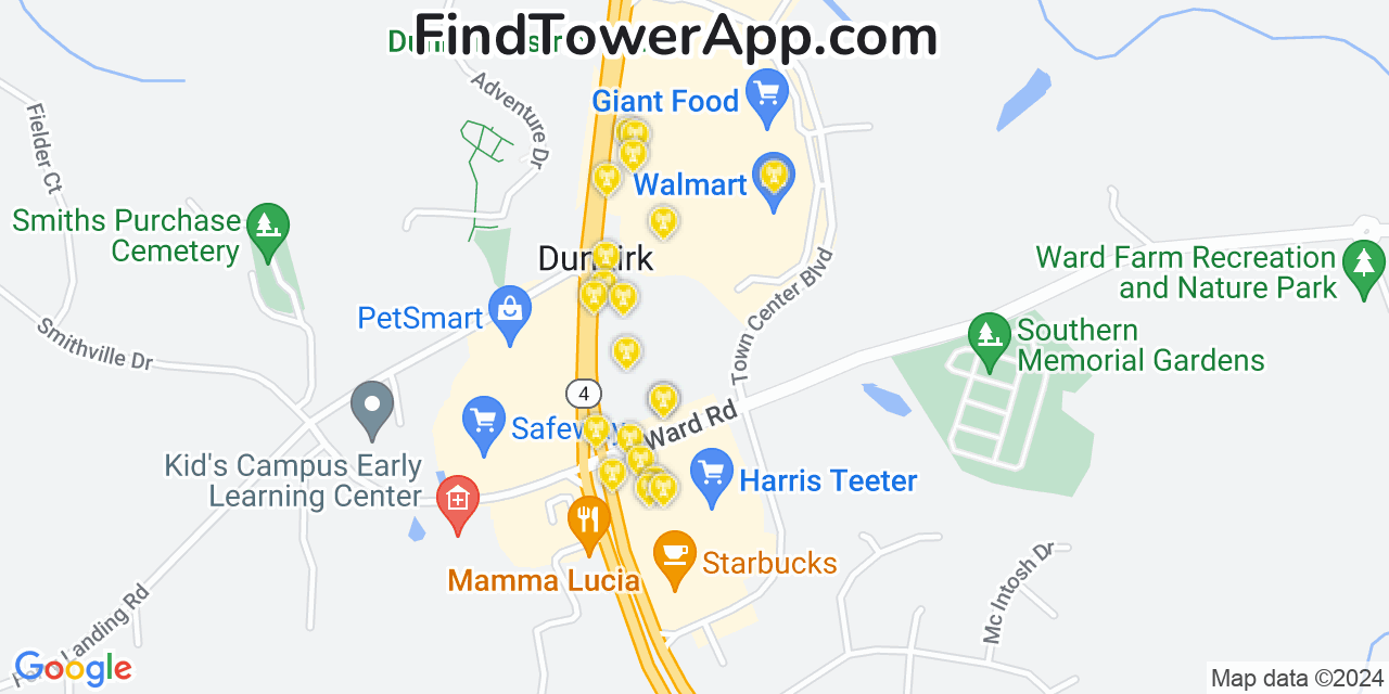 AT&T 4G/5G cell tower coverage map Dunkirk Town Center, Maryland