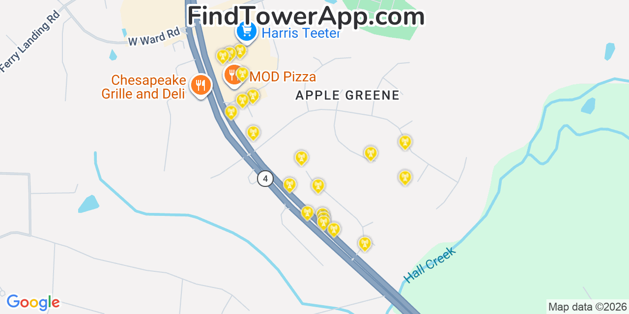 Map showing the 20 primary cell tower locations detected in Dunkirk Town Center, Maryland from AT&T, Verizon, and T-Mobile networks