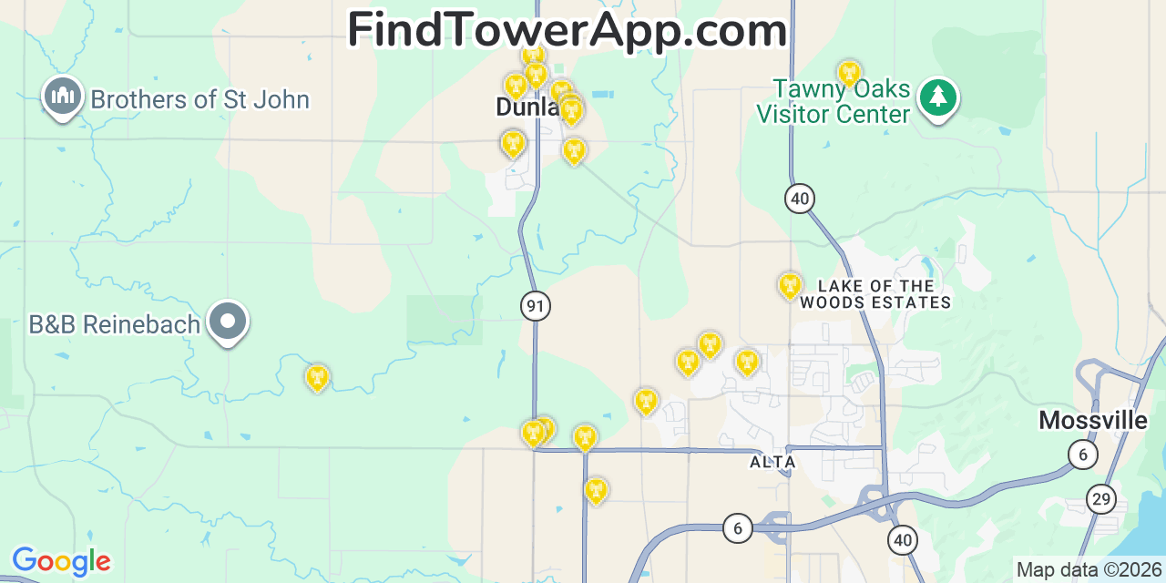 Map showing the 20 primary cell tower locations detected in Dunlap, Illinois from AT&T, Verizon, and T-Mobile networks