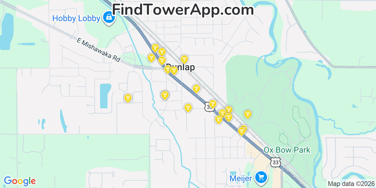 Map showing the 20 primary cell tower locations detected in Dunlap, Indiana from AT&T, Verizon, and T-Mobile networks