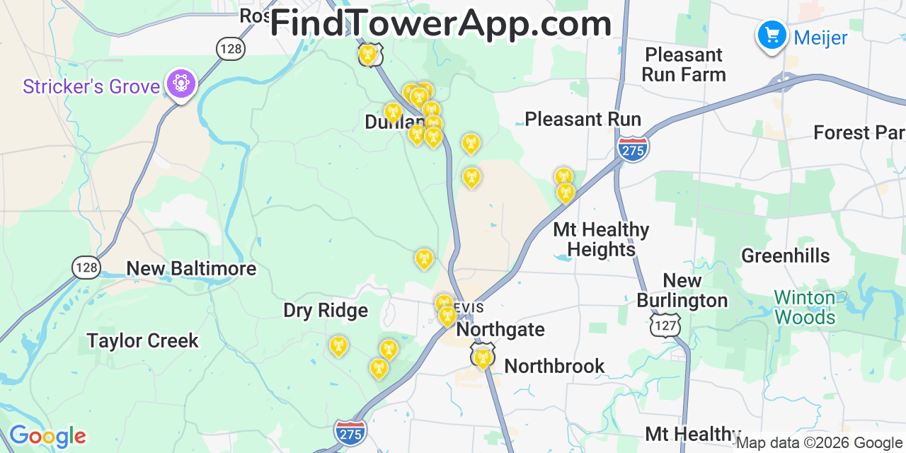 Map showing the 20 primary cell tower locations detected in Dunlap, Ohio from AT&T, Verizon, and T-Mobile networks