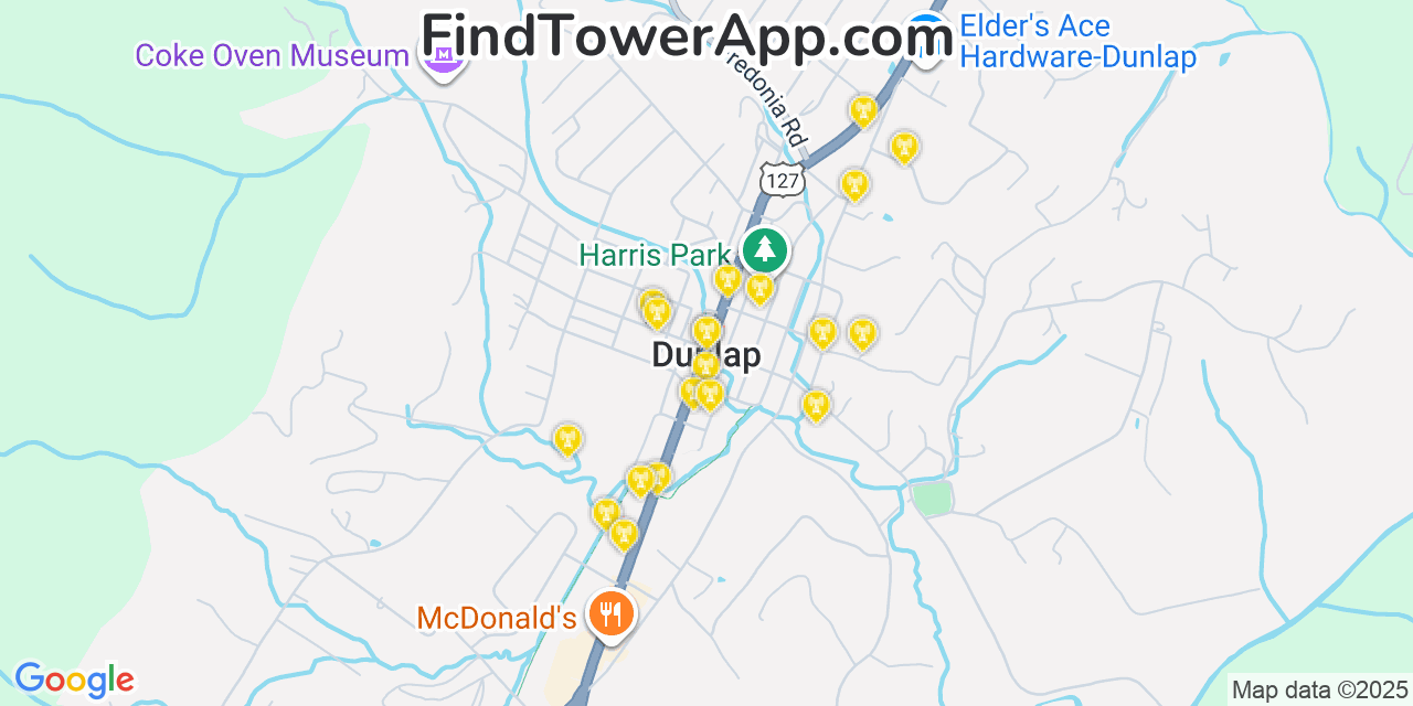 Map showing the 20 primary cell tower locations detected in Dunlap, Tennessee from AT&T, Verizon, and T-Mobile networks
