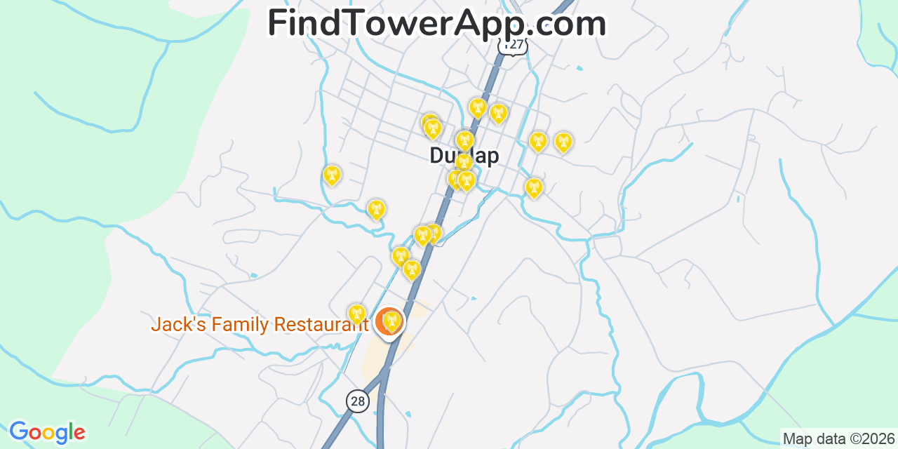Map showing the 20 primary cell tower locations detected in Dunlap, Tennessee from AT&T, Verizon, and T-Mobile networks