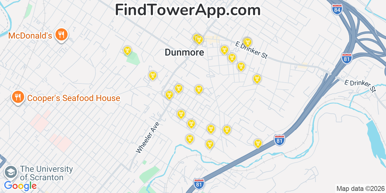 Map showing the 20 primary cell tower locations detected in Dunmore, Pennsylvania from AT&T, Verizon, and T-Mobile networks