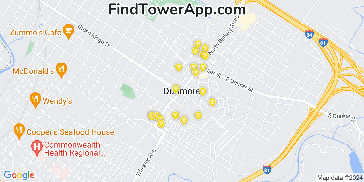 Verizon 4G/5G cell tower coverage map Dunmore, Pennsylvania