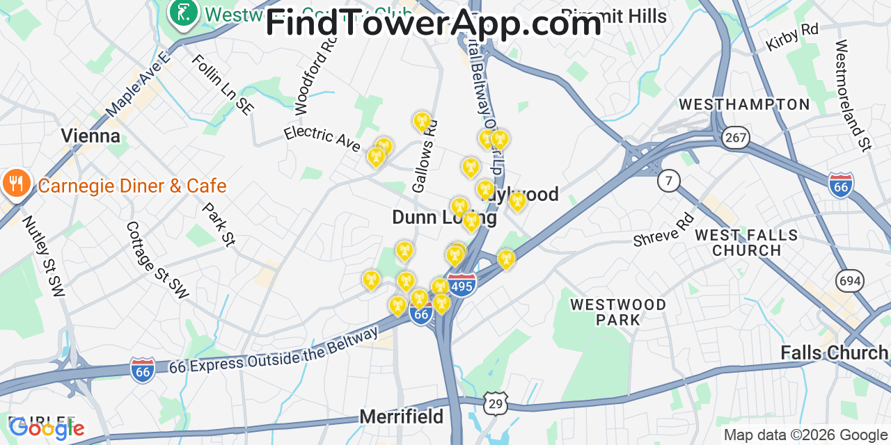 Map showing the 20 primary cell tower locations detected in Dunn Loring, Virginia from AT&T, Verizon, and T-Mobile networks