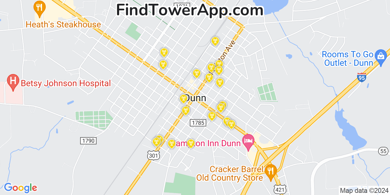 AT&T 4G/5G cell tower coverage map Dunn, North Carolina