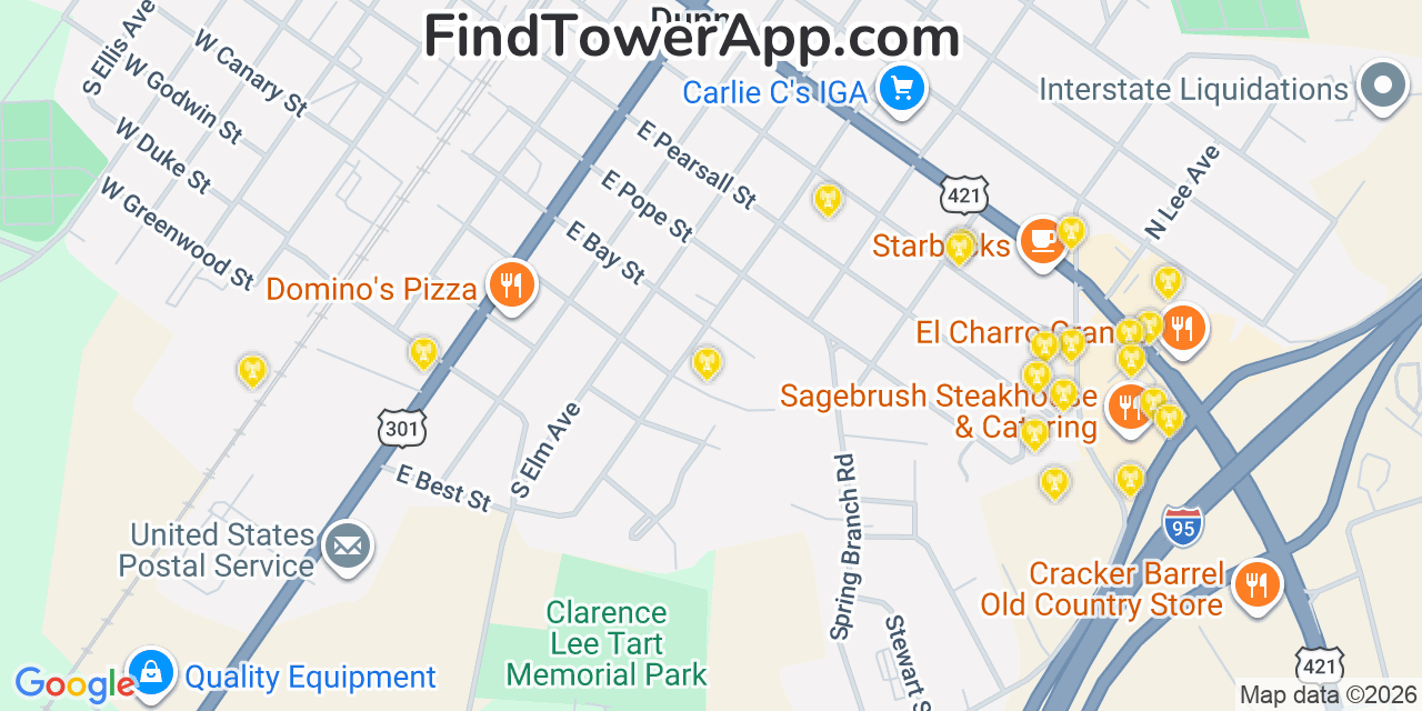Map showing the 20 primary cell tower locations detected in Dunn, North Carolina from AT&T, Verizon, and T-Mobile networks