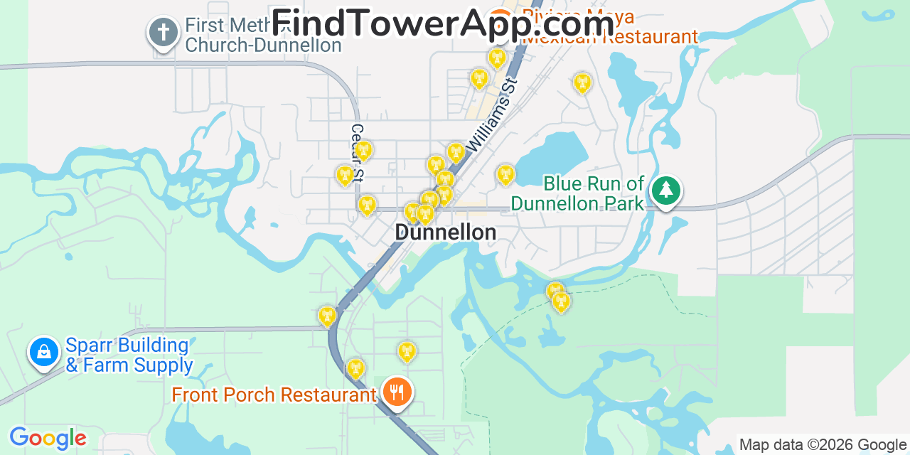 Map showing the 20 primary cell tower locations detected in Dunnellon, Florida from AT&T, Verizon, and T-Mobile networks