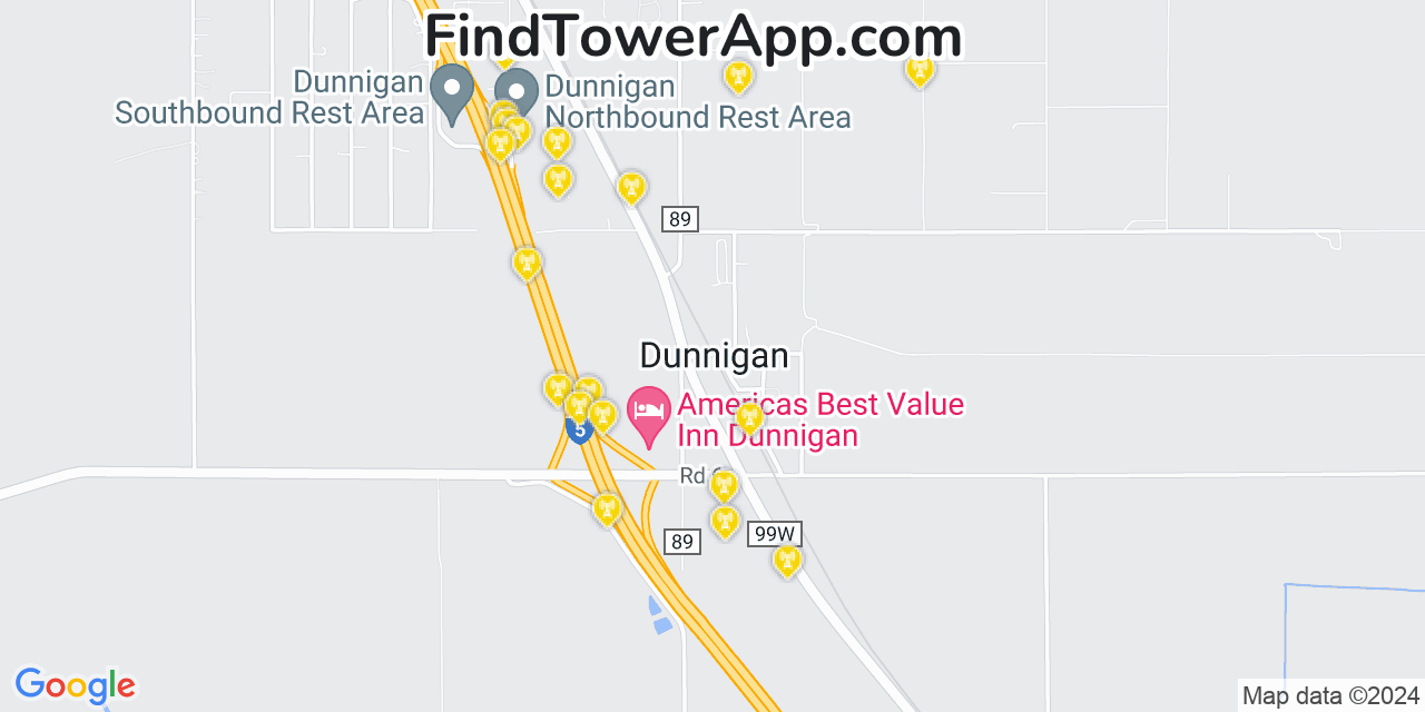 AT&T 4G/5G cell tower coverage map Dunnigan, California