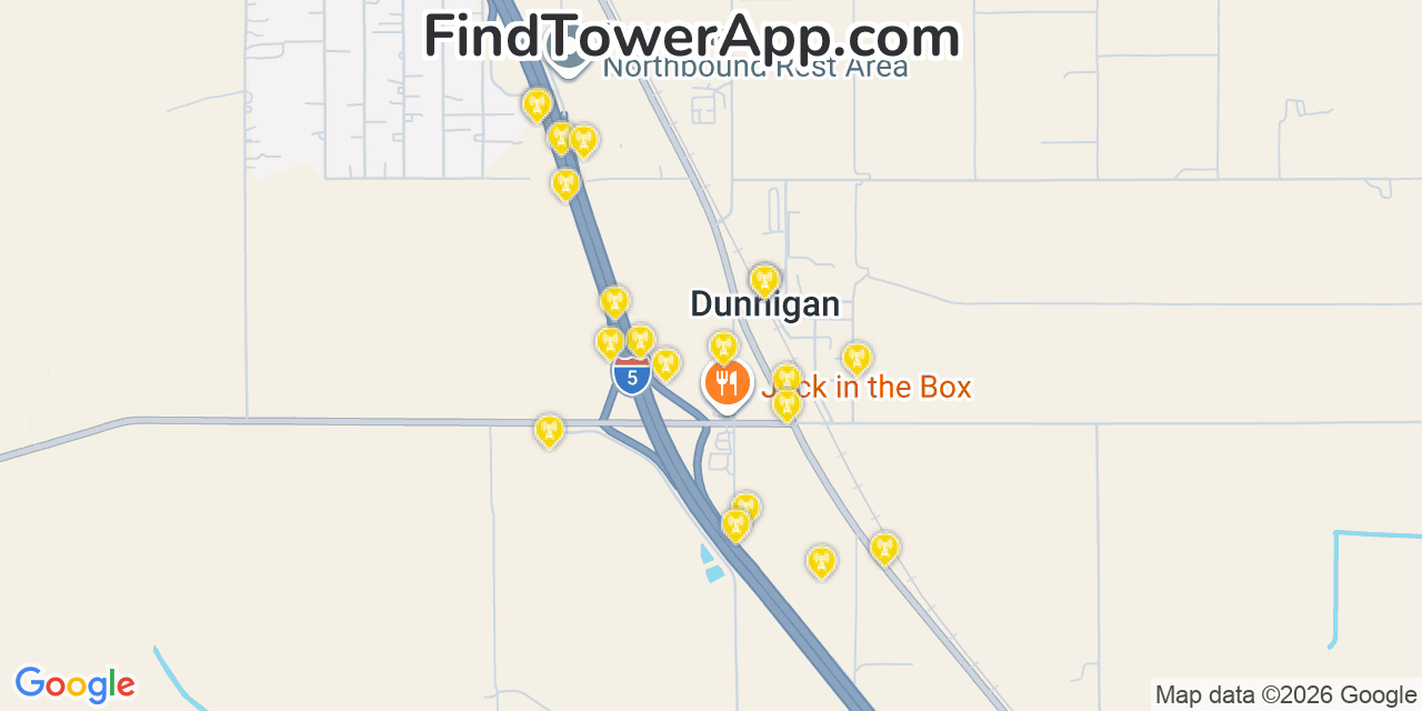 Map showing the 20 primary cell tower locations detected in Dunnigan, California from AT&T, Verizon, and T-Mobile networks
