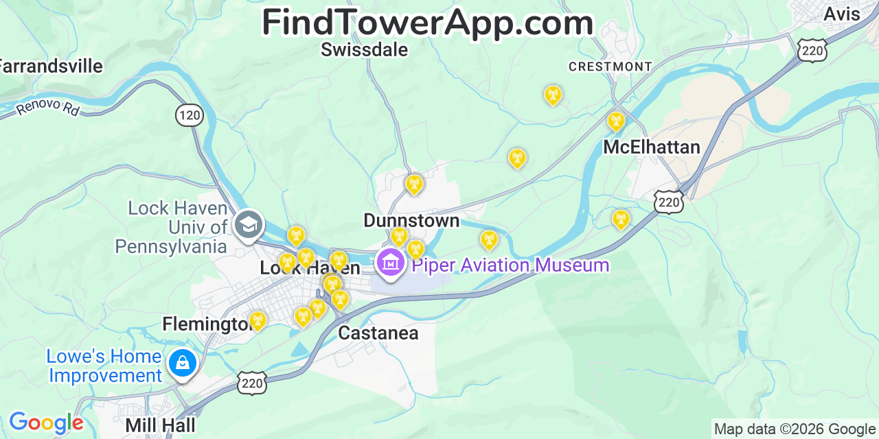 Map showing the 20 primary cell tower locations detected in Dunnstown, Pennsylvania from AT&T, Verizon, and T-Mobile networks