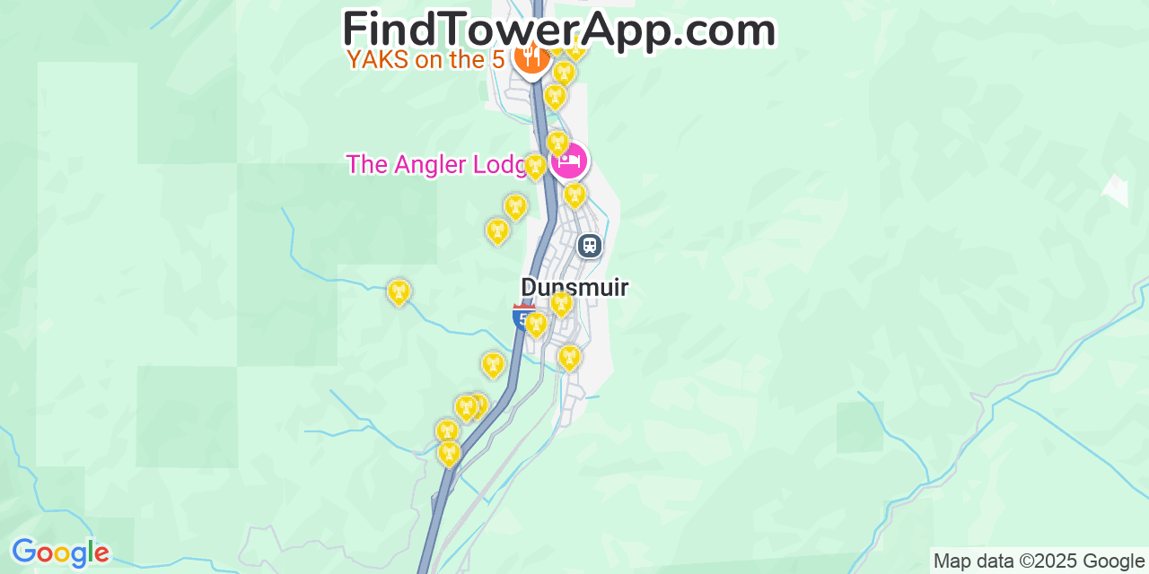 Map showing the 20 primary cell tower locations detected in Dunsmuir, California from AT&T, Verizon, and T-Mobile networks