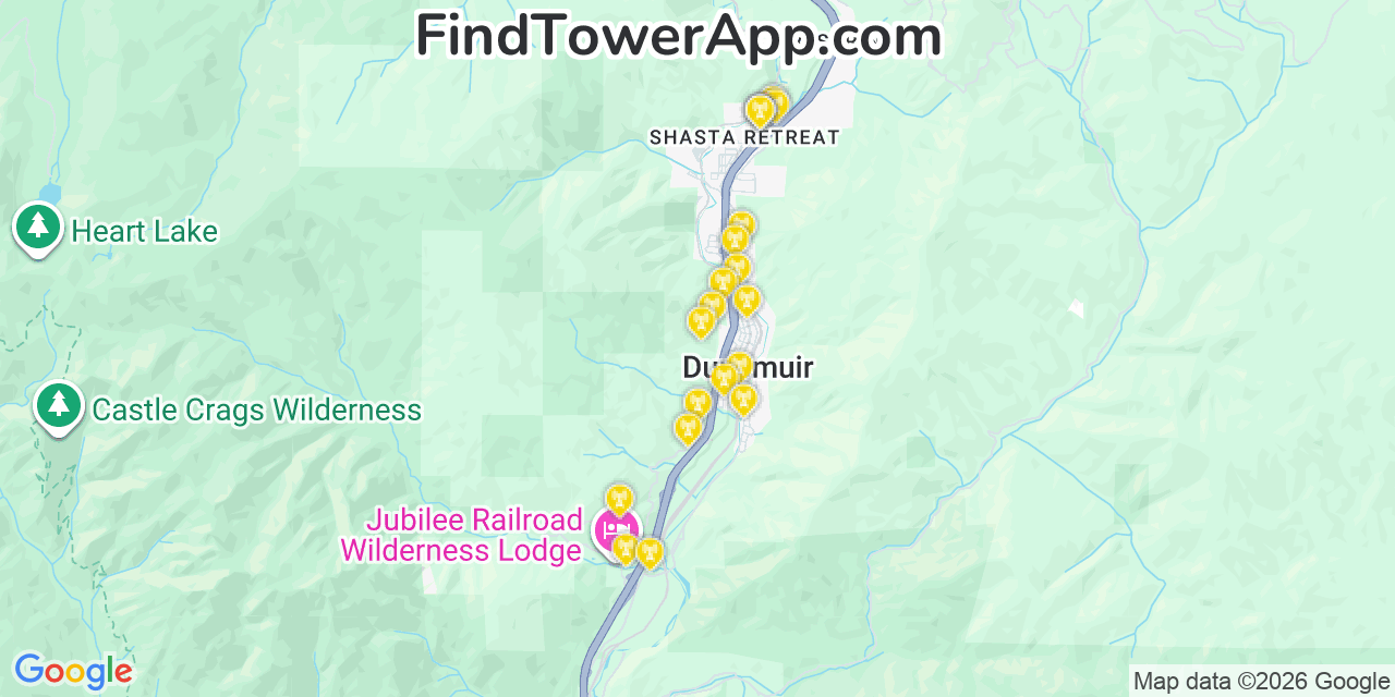 Map showing the 20 primary cell tower locations detected in Dunsmuir, California from AT&T, Verizon, and T-Mobile networks