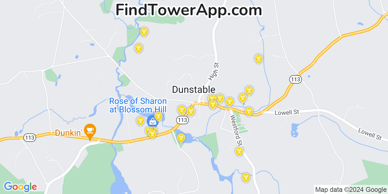 AT&T 4G/5G cell tower coverage map Dunstable, Massachusetts