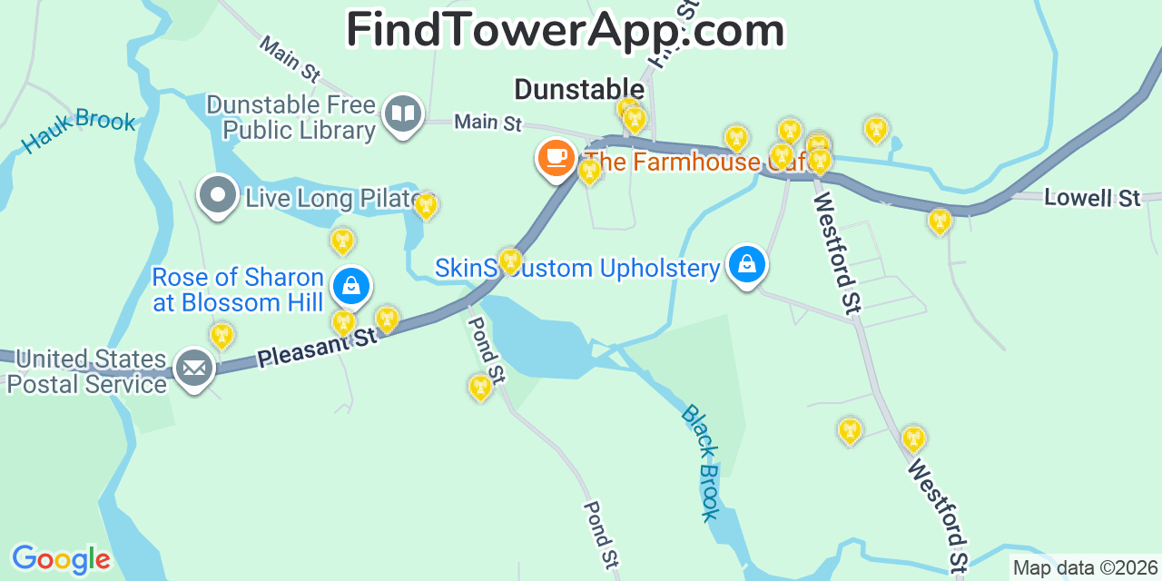 Map showing the 20 primary cell tower locations detected in Dunstable, Massachusetts from AT&T, Verizon, and T-Mobile networks