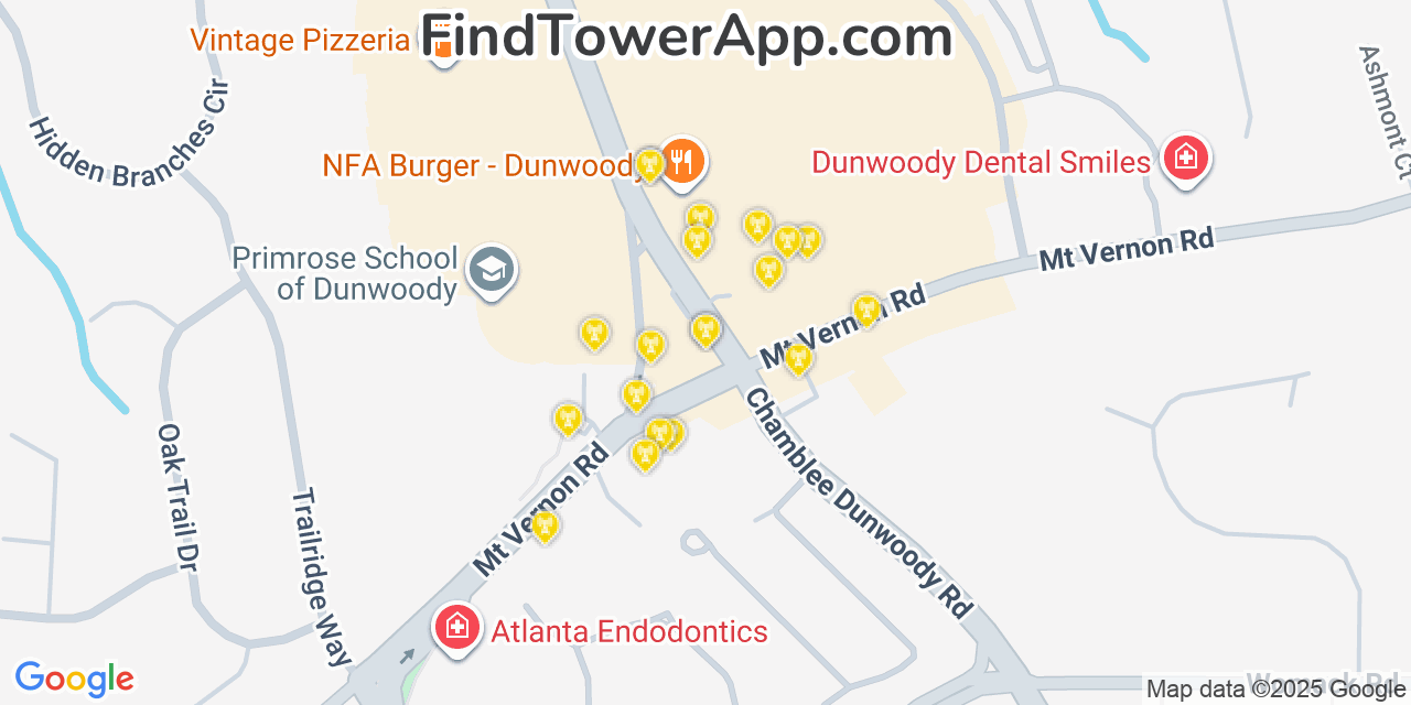 Map showing the 20 primary cell tower locations detected in Dunwoody, Georgia from AT&T, Verizon, and T-Mobile networks