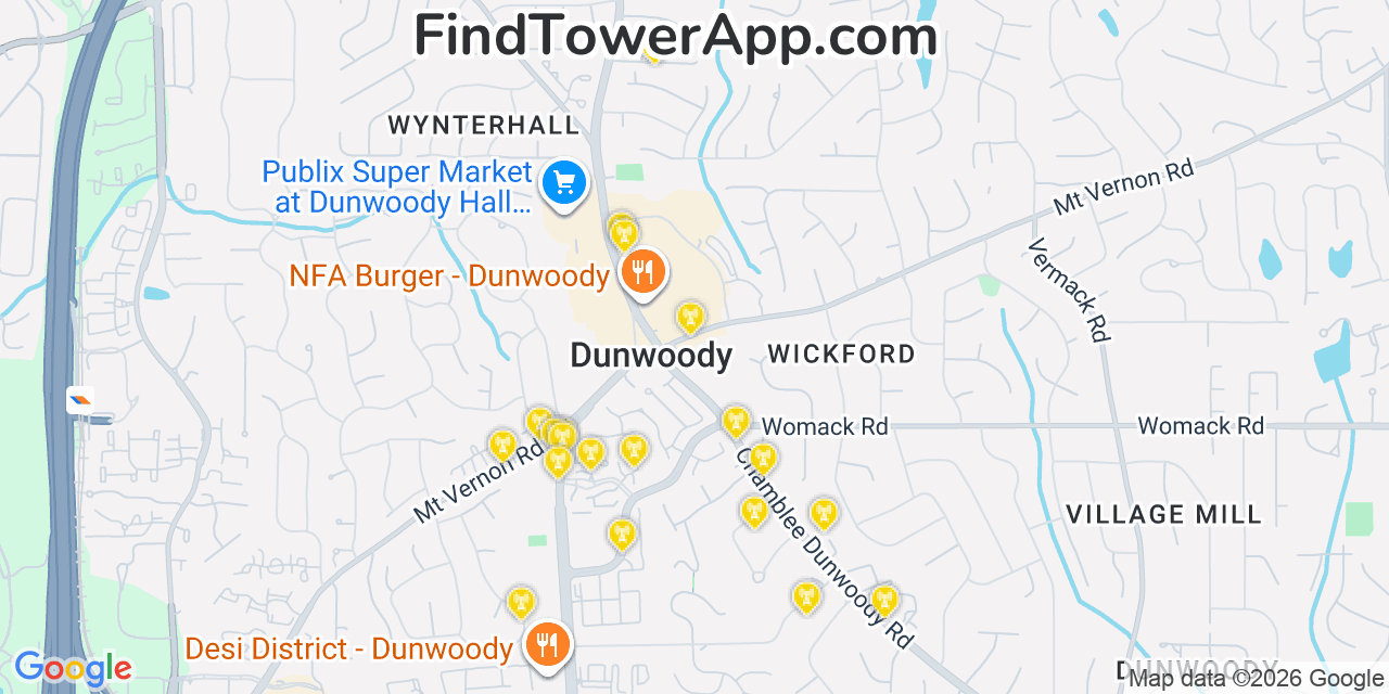 Map showing the 20 primary cell tower locations detected in Dunwoody, Georgia from AT&T, Verizon, and T-Mobile networks