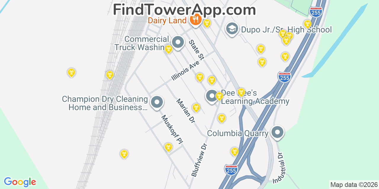 Map showing the 20 primary cell tower locations detected in Dupo, Illinois from AT&T, Verizon, and T-Mobile networks