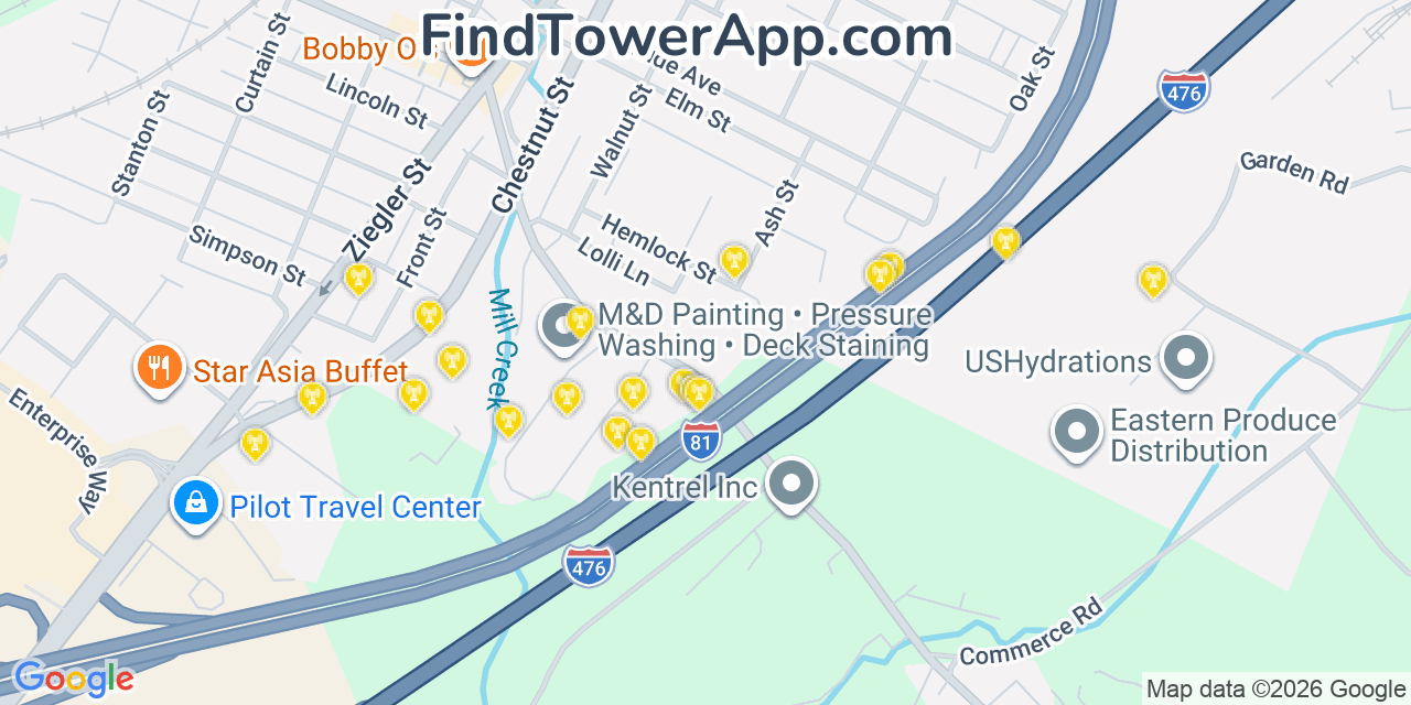 Map showing the 20 primary cell tower locations detected in Dupont, Pennsylvania from AT&T, Verizon, and T-Mobile networks