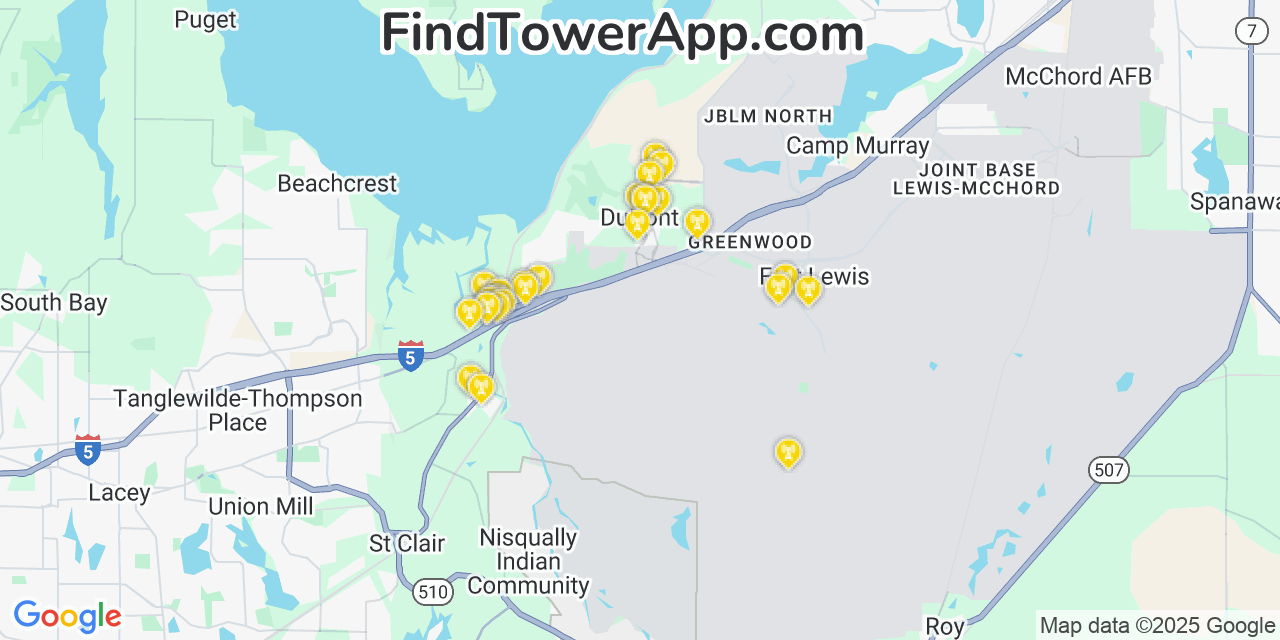 Map showing the 20 primary AT&T cell tower locations detected in Dupont, Washington with coverage radius and signal strength indicators
