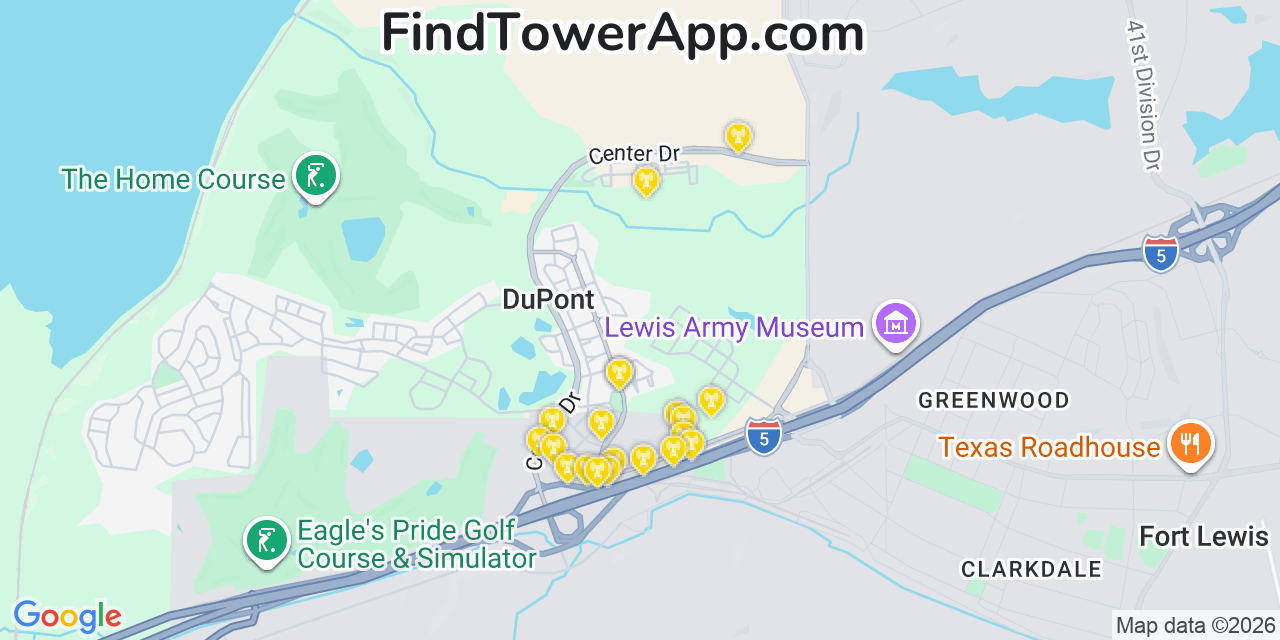 Map showing the 20 primary cell tower locations detected in Dupont, Washington from AT&T, Verizon, and T-Mobile networks