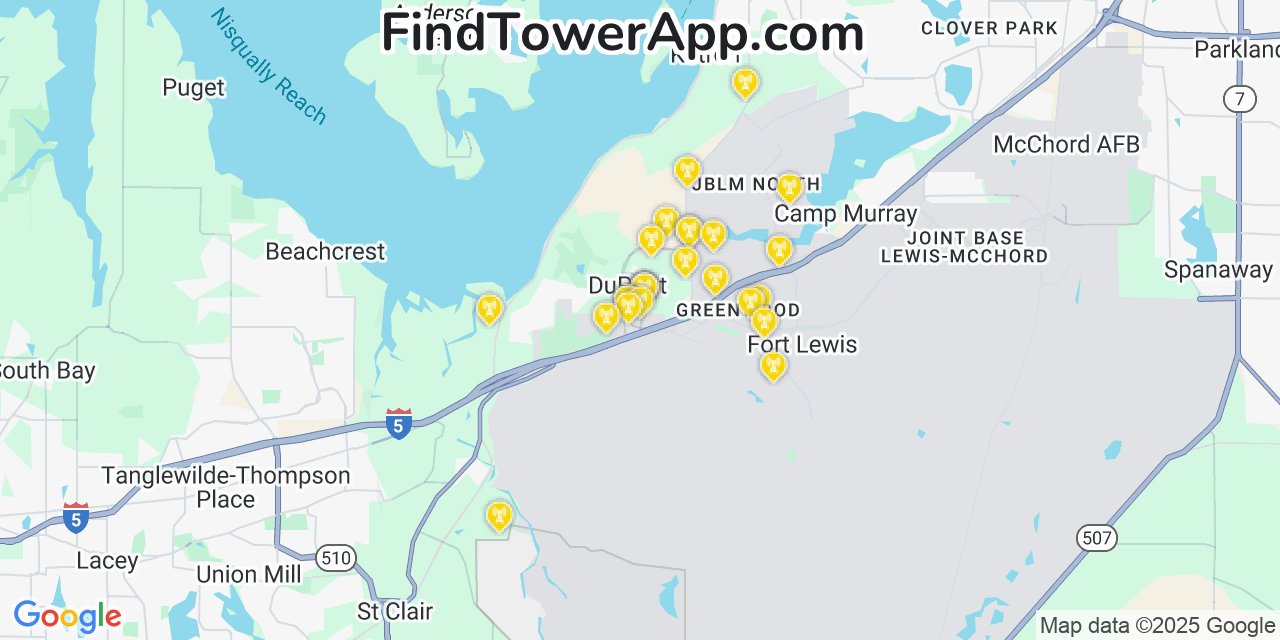 Map showing the 38 primary T-Mobile cell tower locations detected in Dupont, Washington with coverage radius and signal strength indicators