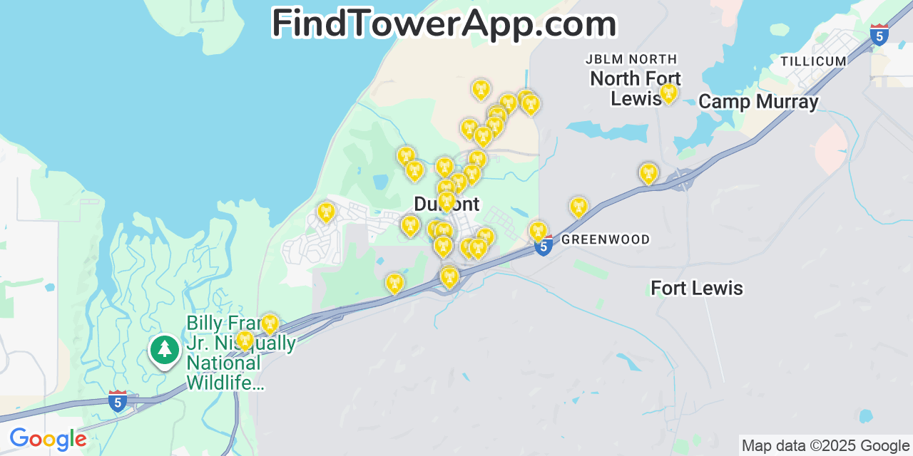 Map showing the 38 primary Verizon cell tower locations detected in Dupont, Washington with coverage radius and signal strength indicators