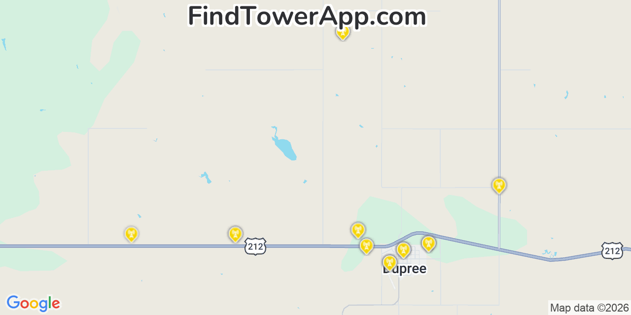 Map showing the 20 primary cell tower locations detected in Dupree, South Dakota from AT&T, Verizon, and T-Mobile networks