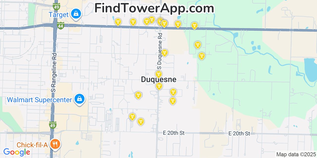 Map showing the 20 primary cell tower locations detected in Duquesne, Missouri from AT&T, Verizon, and T-Mobile networks