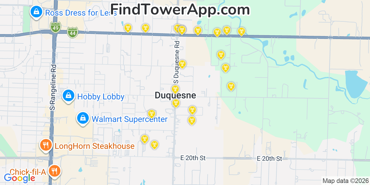 Map showing the 20 primary cell tower locations detected in Duquesne, Missouri from AT&T, Verizon, and T-Mobile networks