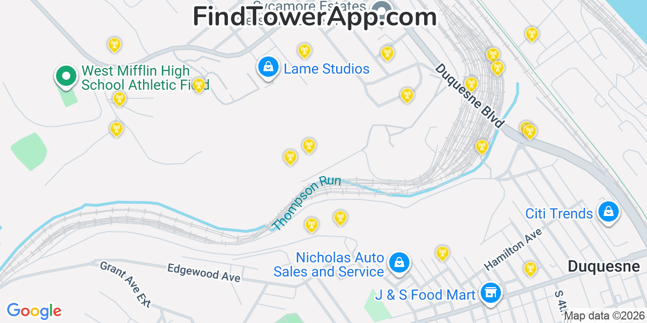 Map showing the 20 primary cell tower locations detected in Duquesne, Pennsylvania from AT&T, Verizon, and T-Mobile networks