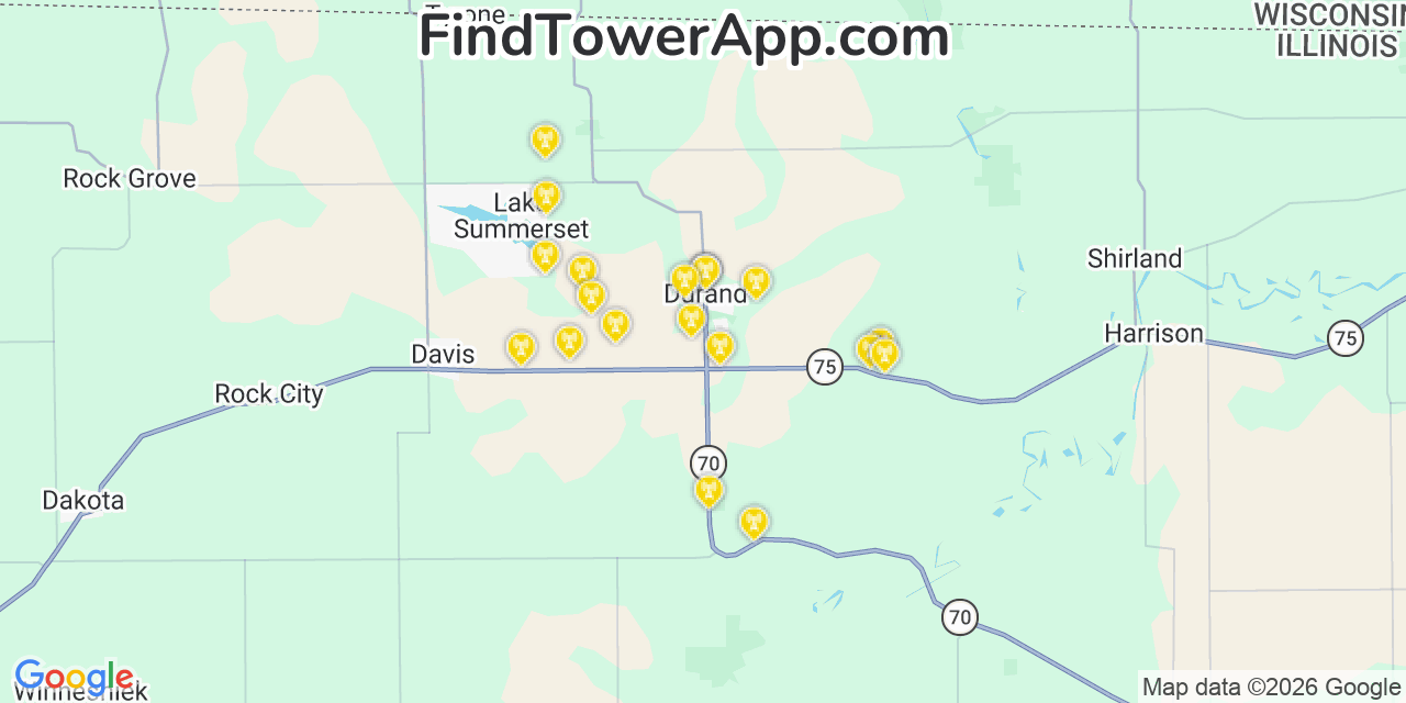 Map showing the 20 primary cell tower locations detected in Durand, Illinois from AT&T, Verizon, and T-Mobile networks