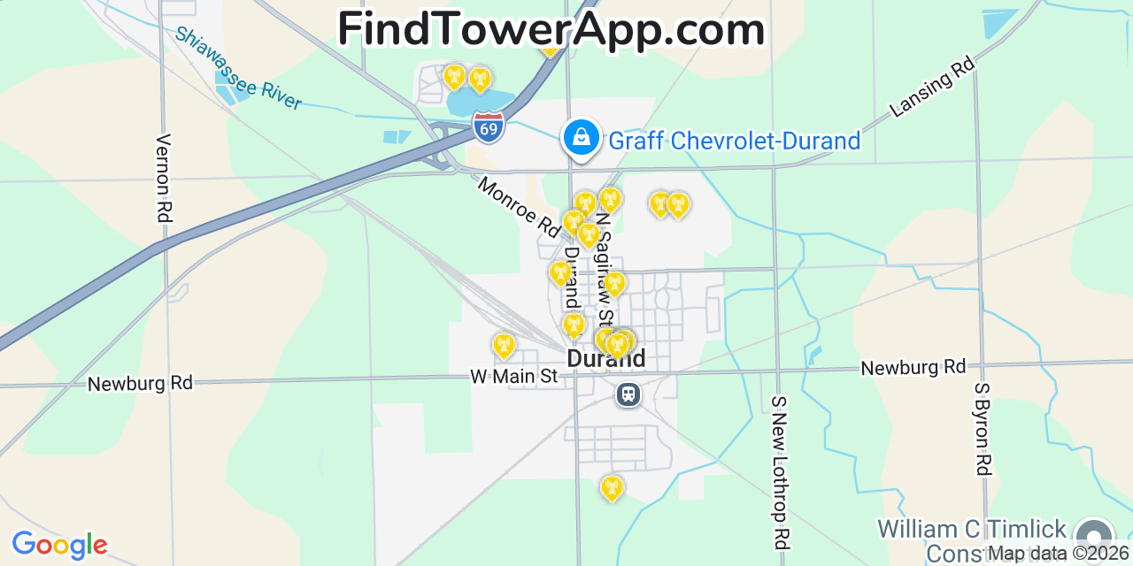 Map showing the 20 primary cell tower locations detected in Durand, Michigan from AT&T, Verizon, and T-Mobile networks